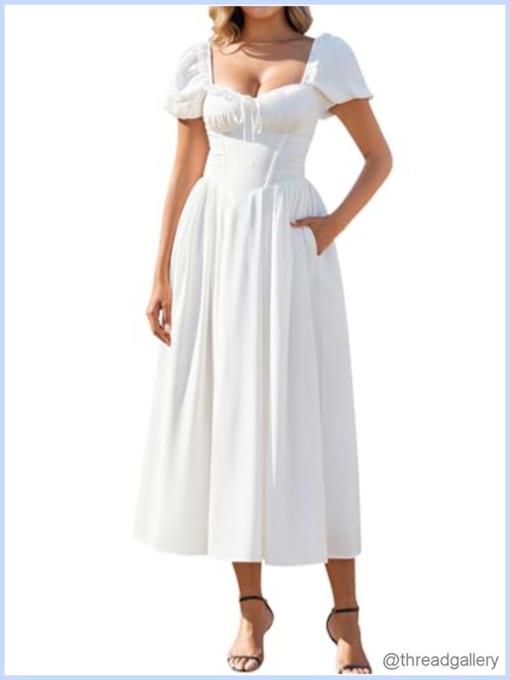 Floral Corset Midi Dress Lace Up Back Puff Sleeve Bridal Shower